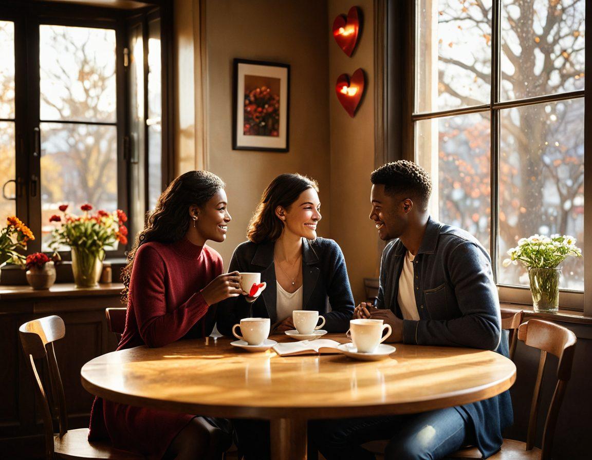 A cozy, warm scene depicting a diverse couple engaged in a heartfelt conversation over coffee in a sunlit cafe, surrounded by flowers and soft ambiance, symbolizing courtship and companionship. Include elements like a small table with a book on relationships and a heart-shaped decoration. The atmosphere should evoke love and warmth. super-realistic. vibrant colors. soft focus.