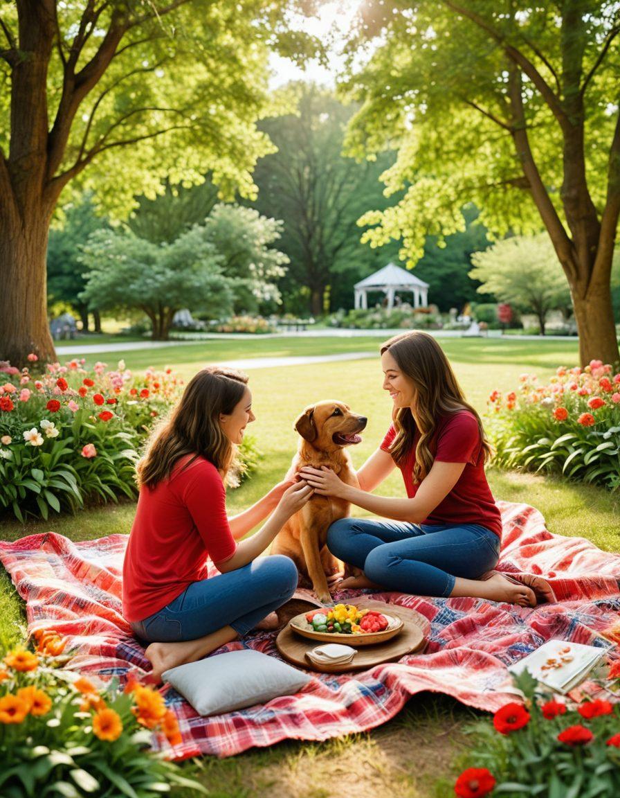 A warm, inviting scene featuring diverse couples in a cozy park setting, sharing laughter and love while engaging in community activities, surrounded by colorful, blossoming flowers and soft sunlight filtering through the trees. The atmosphere should convey support and connection, with details like intertwined hands and playful pets. Include subtle elements of a community gathering, such as picnic blankets and shared snacks, to enhance the feeling of togetherness. vibrant colors. 3D.