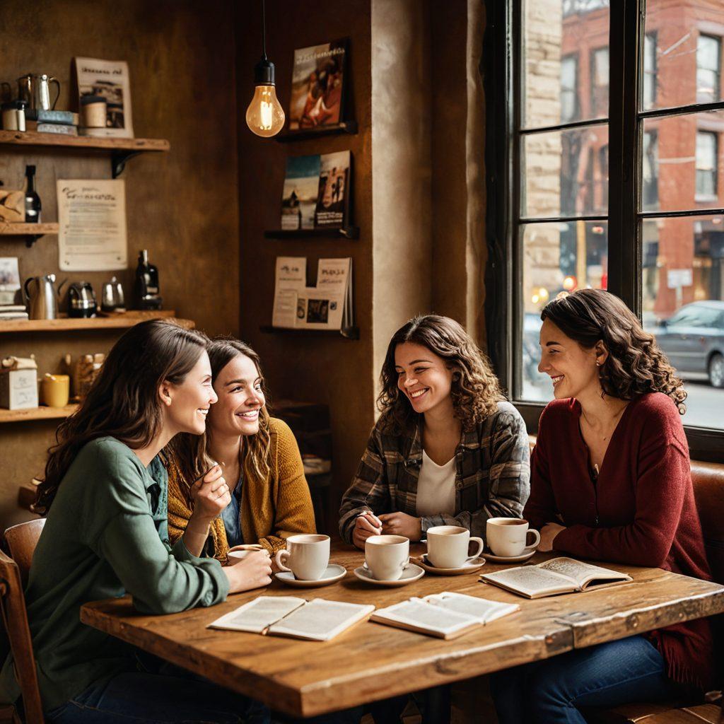 A cozy gathering of diverse friends sharing love stories over coffee in a warmly lit café. A blend of laughter and heartfelt moments, with a backdrop of inspirational quotes on the walls. Visual hints of dating advice books on the table and a cityscape outside the window. The atmosphere is inviting and supportive, emphasizing connection and love. super-realistic. vibrant colors. warm tones.